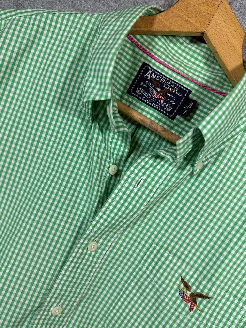 American Living Men's Size L Green Gingham Short Sleeve Button Down Shirt